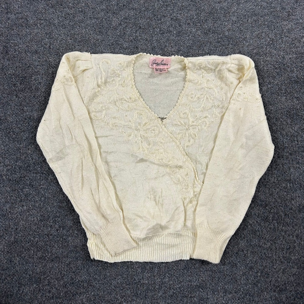 Jaclyn Smith Sweater Womens Size M Cream Beaded Floral Faux Wrap V-Neck Vintage